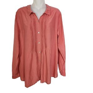 J Jill Womens Tunic Top Large Pintuck Button Up Collared Silk Blend Long Sleeve